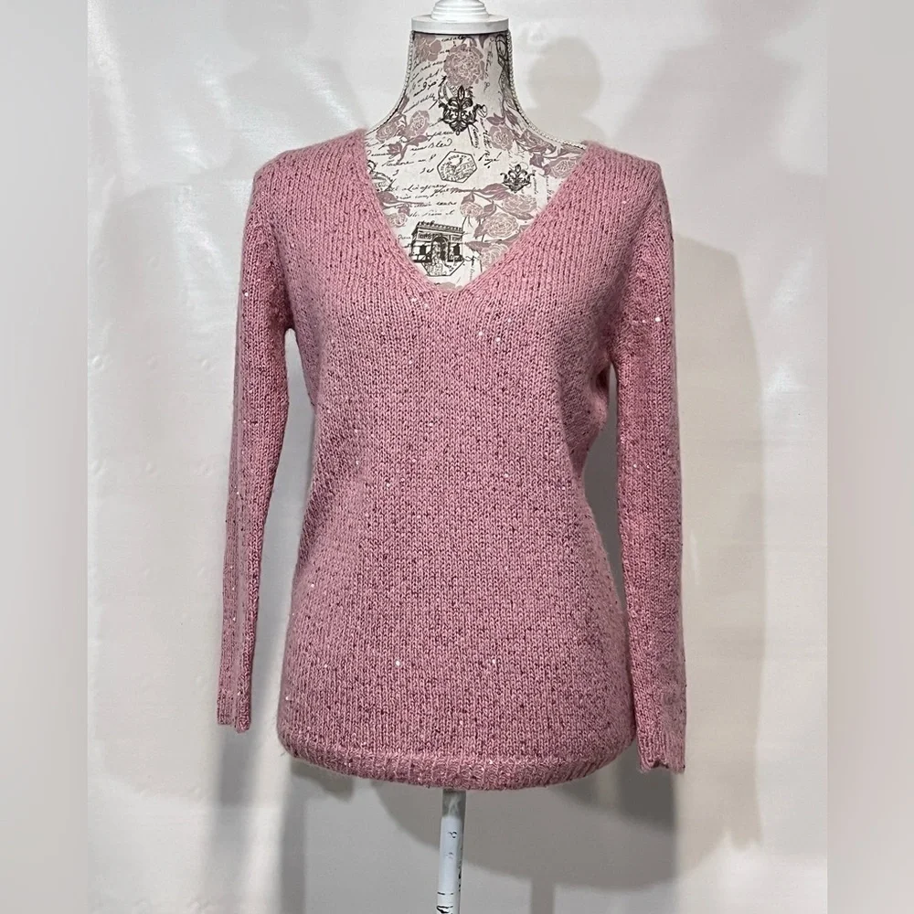 🛍️Pink sequin V-neck knit sweater from JOE FRESH Size S. - Picture 4 of 13